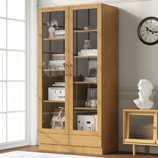 Vitrine de vidro 80x40x160 cm - Prateleiras fixas deslocadas, gavetas push-to-open - Madeira natural