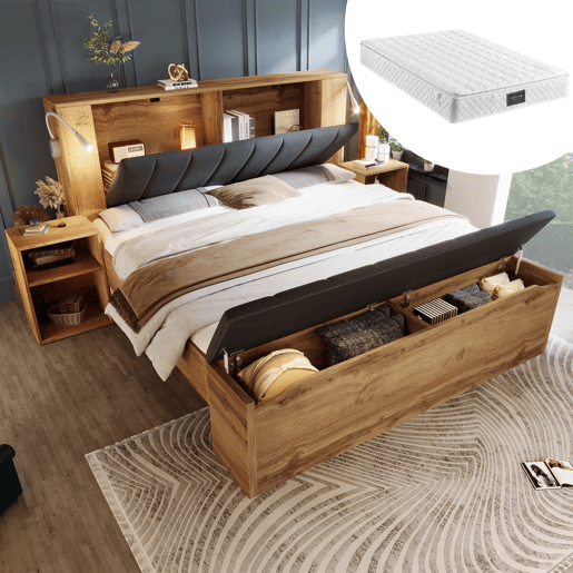 Cama de casal 160x200 cm - com arrumação, cabeceira rebatível, USB e colchão - carvalho