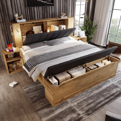 Cama de casal 160x200 cm - com arrumação, cabeceira rebatível, USB e colchão - carvalho