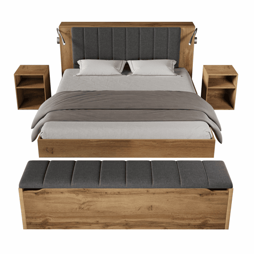 Cama de casal 160x200 cm - com arrumação, cabeceira rebatível, USB e colchão - carvalho