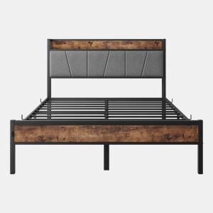 Cama 120x200 cm - LED inteligente, cabeceira com arrumação e USB, metal resistente - Antique Brown