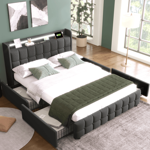 Cama estofada 160x200cm - Com porta USB, cabeceira e LED, 4 gavetas, estrutura de madeira - Cinza