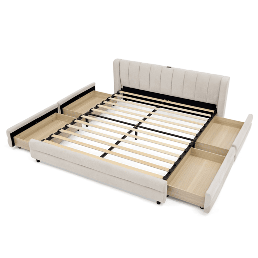 Cama de casal 160x200 cm - Armazenamento lateral, USB, Chenille ergonómica - Bege