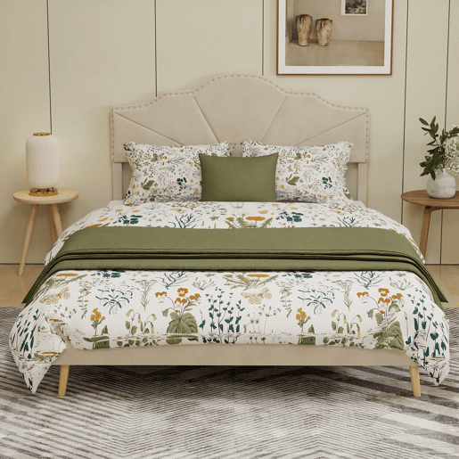 Cama estofada 160x200 - cabeceira macia e confortável, base baixa, multifuncional - bege