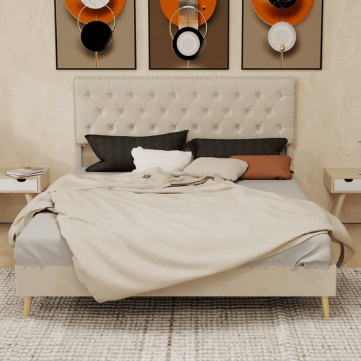 Cama estofada 160x200 - minimalista, cabeceira suave e confortável, base baixa - bege