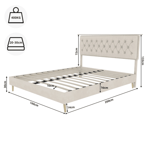 Cama estofada 160x200 - minimalista, cabeceira suave e confortável, base baixa - bege