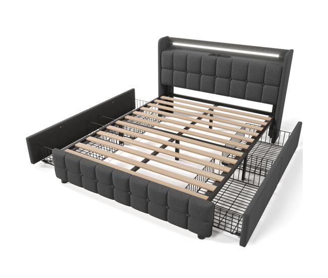 Cama tapizada 140x200cm - con carga usb, cabecero con iluminación led y 4 cajones - gris