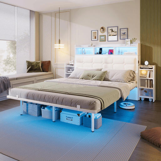 Cama de casal 140x190 cm - Cabeceira, mesas de cabeceira removíveis, LED, USBType-C - Branco
