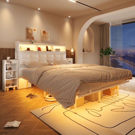 Cama de casal 140x190 cm - Cabeceira, mesas de cabeceira removíveis, LED, USBType-C - Branco
