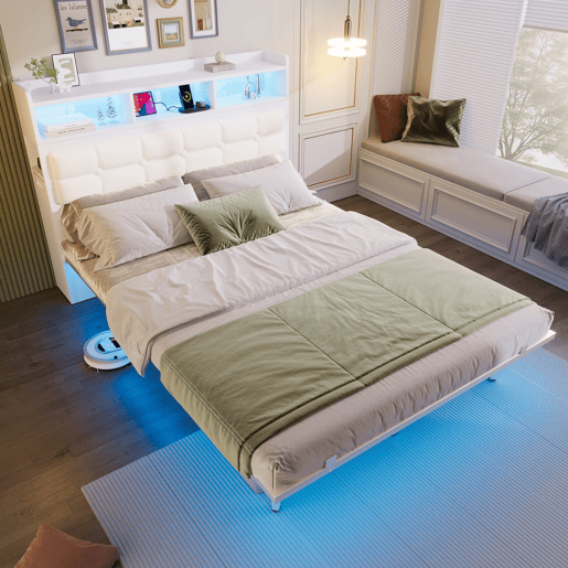 Cama de casal 140x190 cm - Cabeceira, mesas de cabeceira removíveis, LED, USBType-C - Branco