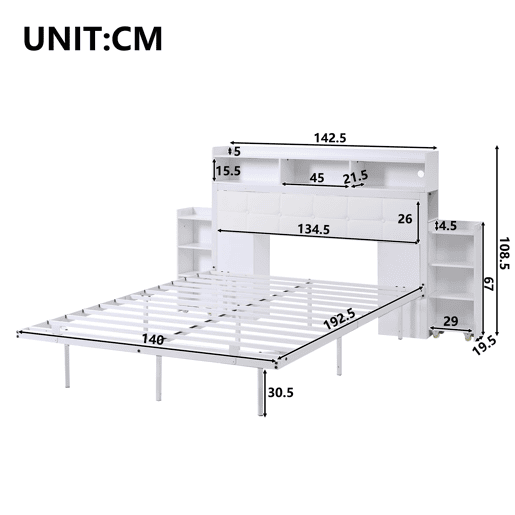 Cama de casal 140x190 cm - Cabeceira, mesas de cabeceira removíveis, LED, USBType-C - Branco