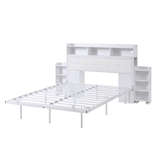 Cama de casal 140x190 cm - Cabeceira, mesas de cabeceira removíveis, LED, USBType-C - Branco