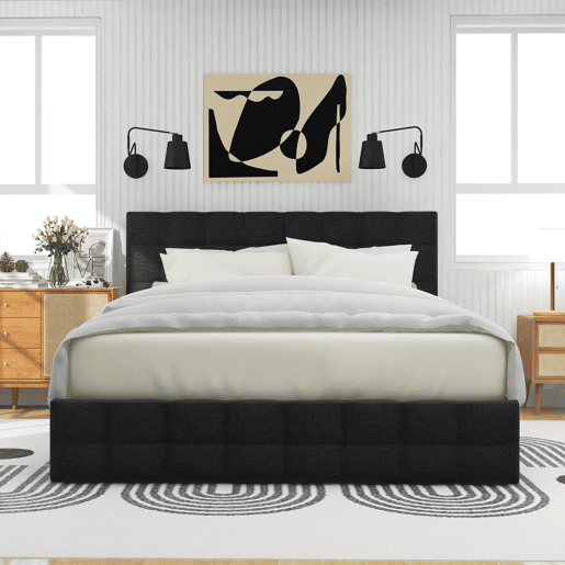Cama estofada 140x200 - 4 gavetas, cabeceira ajustável, design quadrado, arrumação - Preto