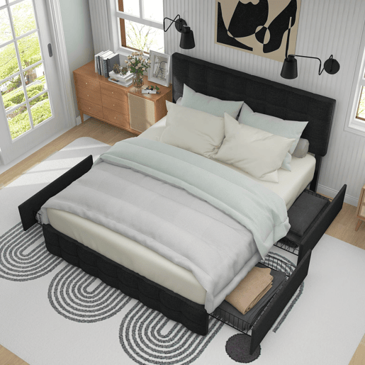 Cama estofada 140x200 - 4 gavetas, cabeceira ajustável, design quadrado, arrumação - Preto