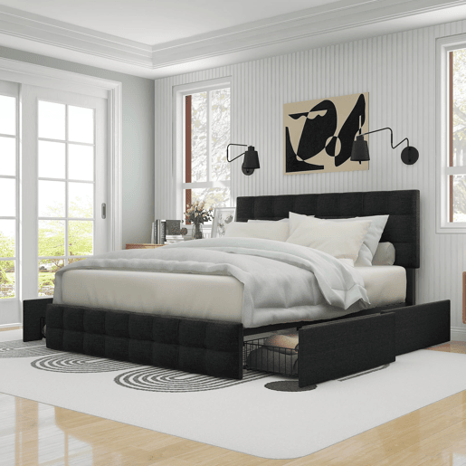 Cama estofada 140x200 - 4 gavetas, cabeceira ajustável, design quadrado, arrumação - Preto