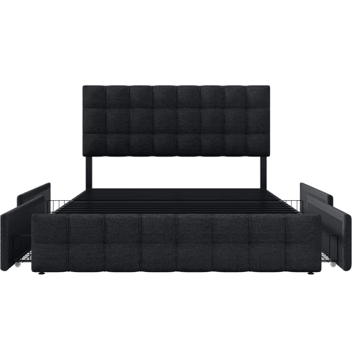 Cama estofada 140x200 - 4 gavetas, cabeceira ajustável, design quadrado, arrumação - Preto