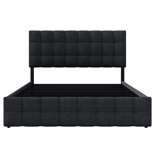 Cama estofada 140x200 - 4 gavetas, cabeceira ajustável, design quadrado, arrumação - Preto
