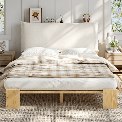 Cama individual 140x200 cm - cabeceira acolchoada, base estável, pés largos - natural