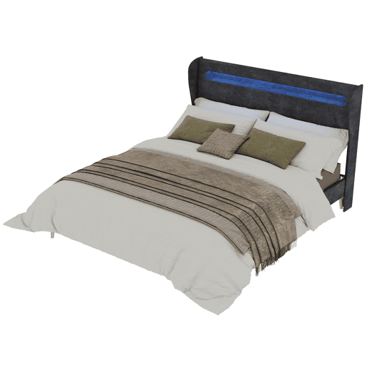 Cama estofada 160x200 - Minimalista com cabeceira LED e base baixa sem arrumação - Cinza