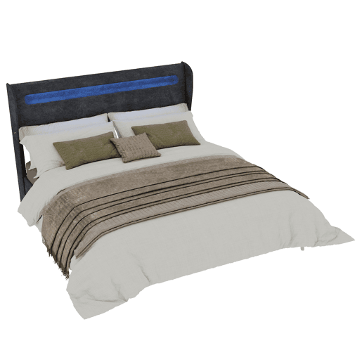 Cama estofada 160x200 - Minimalista com cabeceira LED e base baixa sem arrumação - Cinza