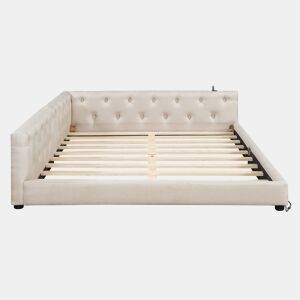Sofá-cama 140x200 cm - com estrado, sem colchão, iluminação ambiente com comando, cabeceira capitoné, USB+Tipo-C, linho - bege