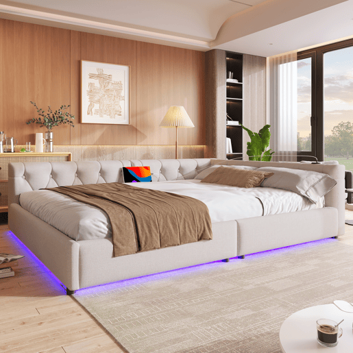 Sofá-cama 140x200 cm - com estrado, sem colchão, iluminação ambiente com comando, cabeceira capitoné, USB+Tipo-C, linho - bege