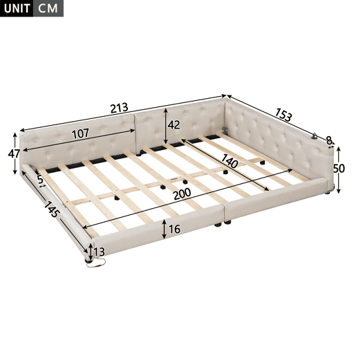 Sofá-cama 140x200 cm - com estrado, sem colchão, iluminação ambiente com comando, cabeceira capitoné, USB+Tipo-C, linho - bege