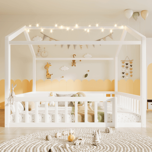Cama infantil 90x190cm*2180x190cm - Com grade, estilo minimalista, LED - Branco