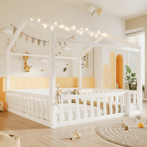 Cama infantil 90x190cm*2180x190cm - Com grade, estilo minimalista, LED - Branco