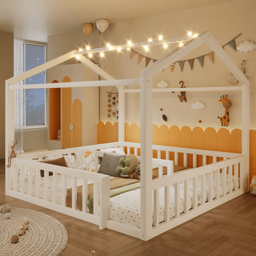 Cama infantil 90x190cm*2180x190cm - Com grade, estilo minimalista, LED - Branco