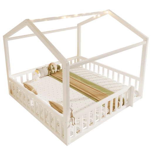 Cama infantil 90x190cm*2180x190cm - Com grade, estilo minimalista, LED - Branco