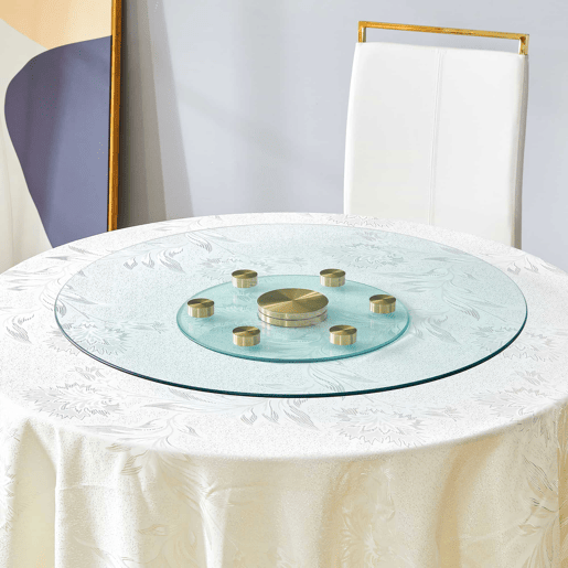Mesa com tampo giratório de vidro - 77 cm de diâmetro superior, 38 cm de diâmetro inferior - Design dourado e transparente