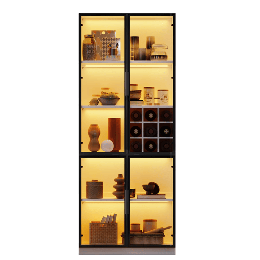 Vitrine 80x35x200 cm - Portas de vidro, LED, prateleiras e porta-garrafas - Branco Vitrine 80x35x200 cm - Portas de vidro, LED, prateleiras e porta-garrafas - Branco
