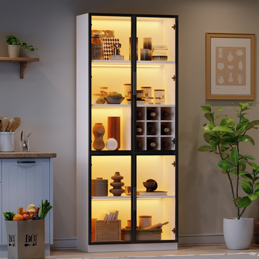 Vitrine 80x35x200 cm - Portas de vidro, LED, prateleiras e porta-garrafas - Branco Vitrine 80x35x200 cm - Portas de vidro, LED, prateleiras e porta-garrafas - Branco