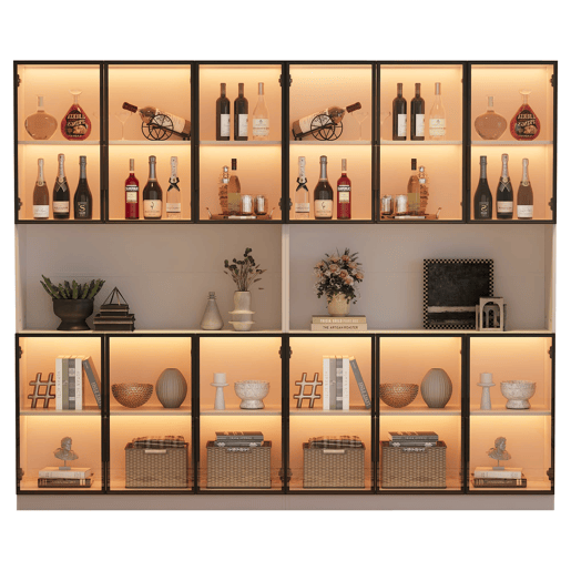 Vitrine 240x34x200 cm - 12 portas, LED, armazenamento multifuncional - Branco Vitrine 240x34x200 cm - 12 portas, LED, armazenamento multifuncional - Branco