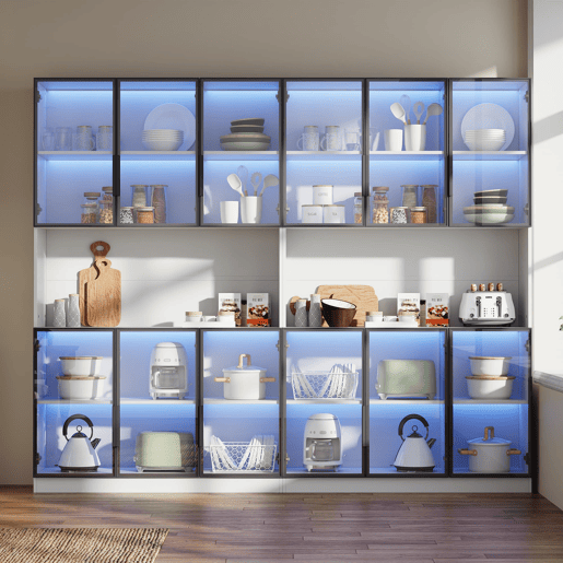 Vitrine 240x34x200 cm - 12 portas, LED, armazenamento multifuncional - Branco Vitrine 240x34x200 cm - 12 portas, LED, armazenamento multifuncional - Branco