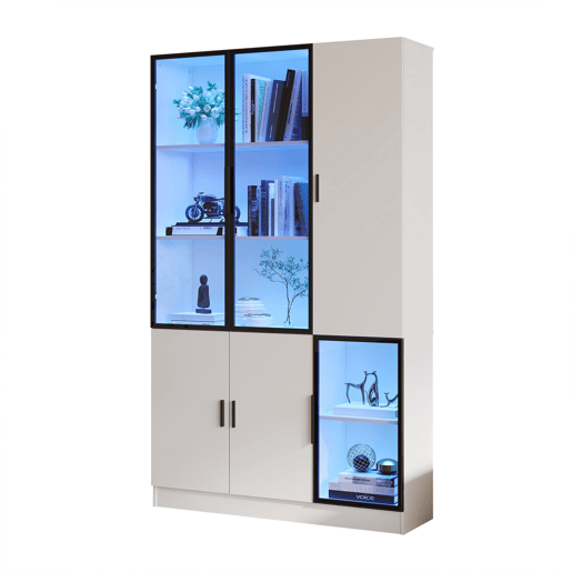 Vitrine de vidro 200 cm - Estante multiusos com luzes LED, porta de vidro e moldura de alumínio - Branco