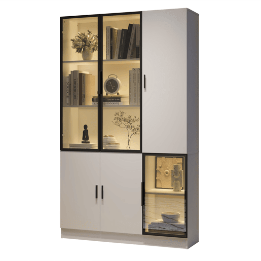 Vitrine de vidro 200 cm - Estante multiusos com luzes LED, porta de vidro e moldura de alumínio - Branco