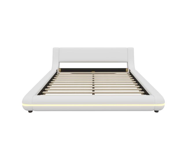 Cama baja 140x200 cm - pu, luz led ambiental, control remoto 24 botones - blanco