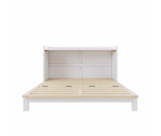 Cama abatible 140x200 cm - cajones inferiores, usb y enchufe, led, plataforma convertible, sin colchón, blanco