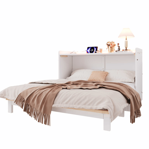 Cama rebatível 140x200 cm - Gavetas inferiores, USB e tomada, LED, Plataforma convertível, Sem colchão, Branco