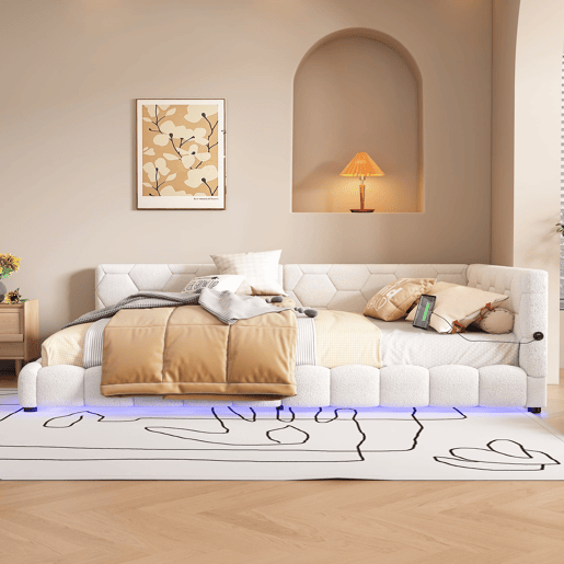 Cama tipo sofá-cama 140x200 - Sofá-cama com luz ambiente, USB, Tipo-C, material confortável - Branco