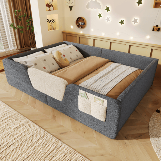 Cama estofada 140x190 cm - Sem colchão, grades removíveis, bolso lateral, veludo - Cinza