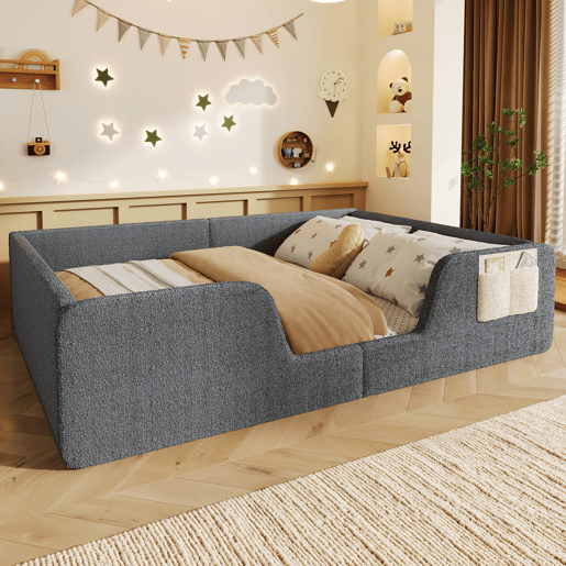 Cama estofada 140x190 cm - Sem colchão, grades removíveis, bolso lateral, veludo - Cinza