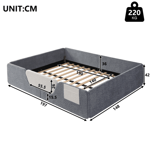 Cama estofada 140x190 cm - Sem colchão, grades removíveis, bolso lateral, veludo - Cinza