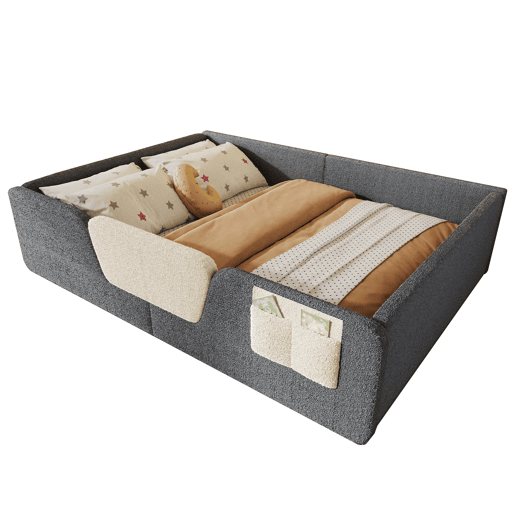 Cama estofada 140x190 cm - Sem colchão, grades removíveis, bolso lateral, veludo - Cinza