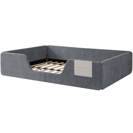 Cama estofada 140x190 cm - Sem colchão, grades removíveis, bolso lateral, veludo - Cinza