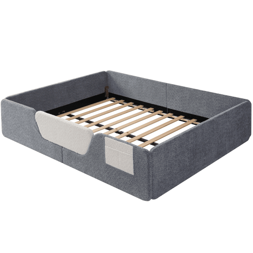 Cama estofada 140x190 cm - Sem colchão, grades removíveis, bolso lateral, veludo - Cinza