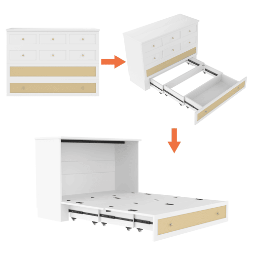 Cama rebatível 140x200 cm - móvel, gavetas na base, prateleira na cabeceira, USB e tomada, cama plataforma convertível, sem colchão - branco