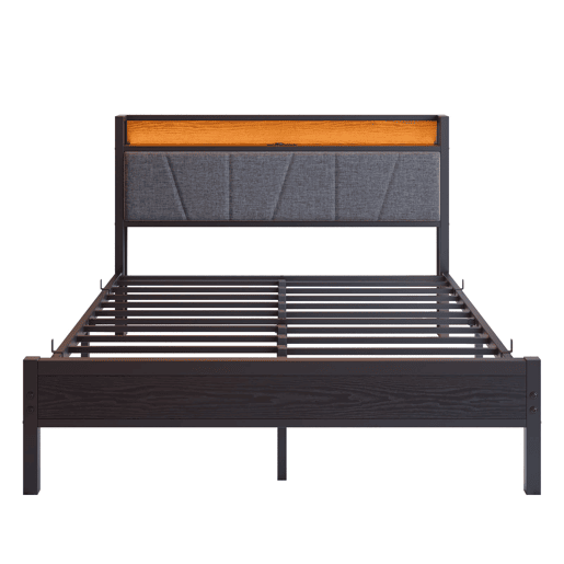 Cama 140x200cm - Cabeceira com LED e USB, plataforma metálica resistente - Preto